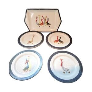 Rare Sara Miller London Portmeirion Geese Serving Tray & Plate Set White Blue